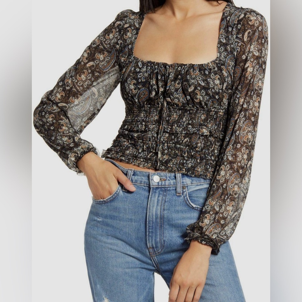 Free People Lolita Black Paisley Floral Print Ruffled Top - Size Large